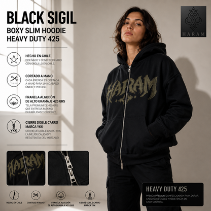 Hoodie Black Sigil Boxy Zip Heavy Duty 425